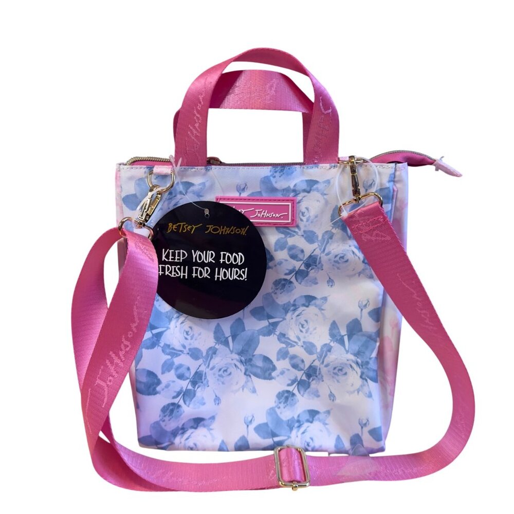 Betsey Johnson Insulated Lunch Tote With Adjustable Pink Strap And Floral Print